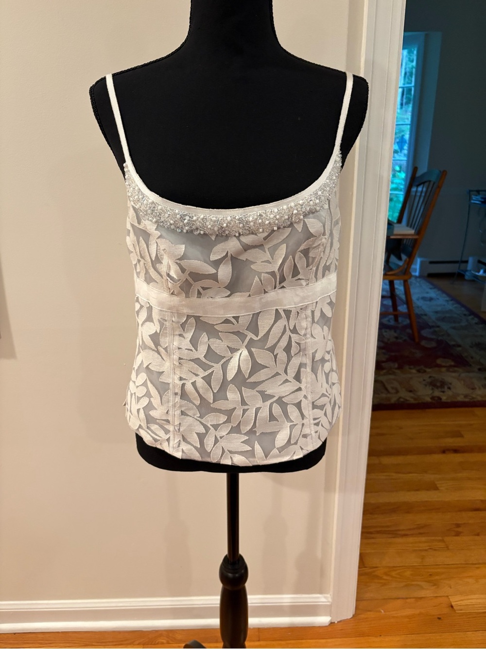 Magaschoni White Sheer Leaf Embroidered Beaded Cami